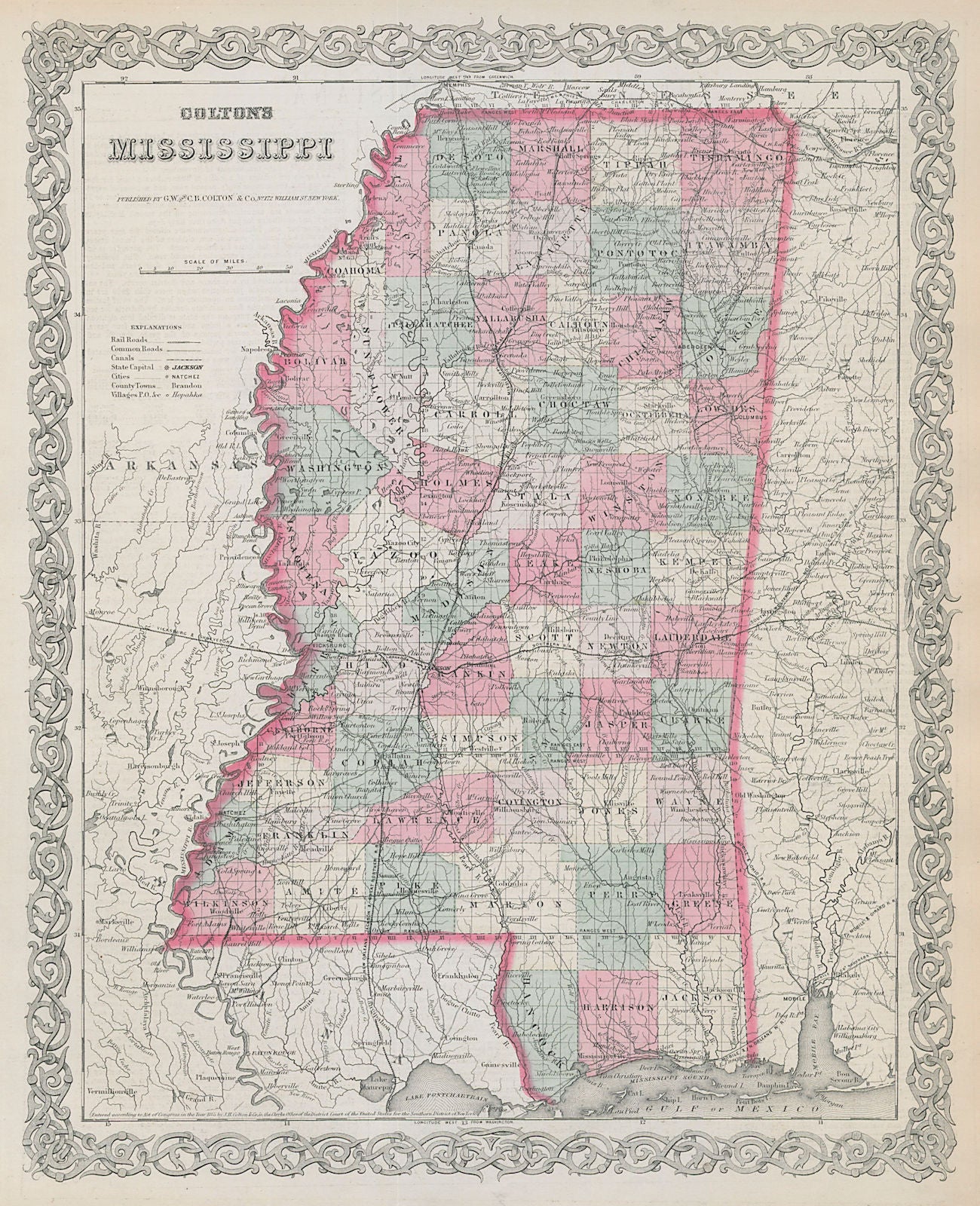 Colton's Mississippi. Decorative antique US state map 1869 old